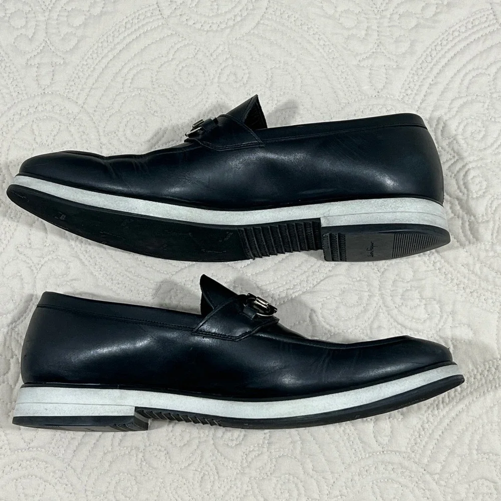 Salvatore Ferragamo Mens Black Gancini Bit Loafer White Platform Italy 10.5